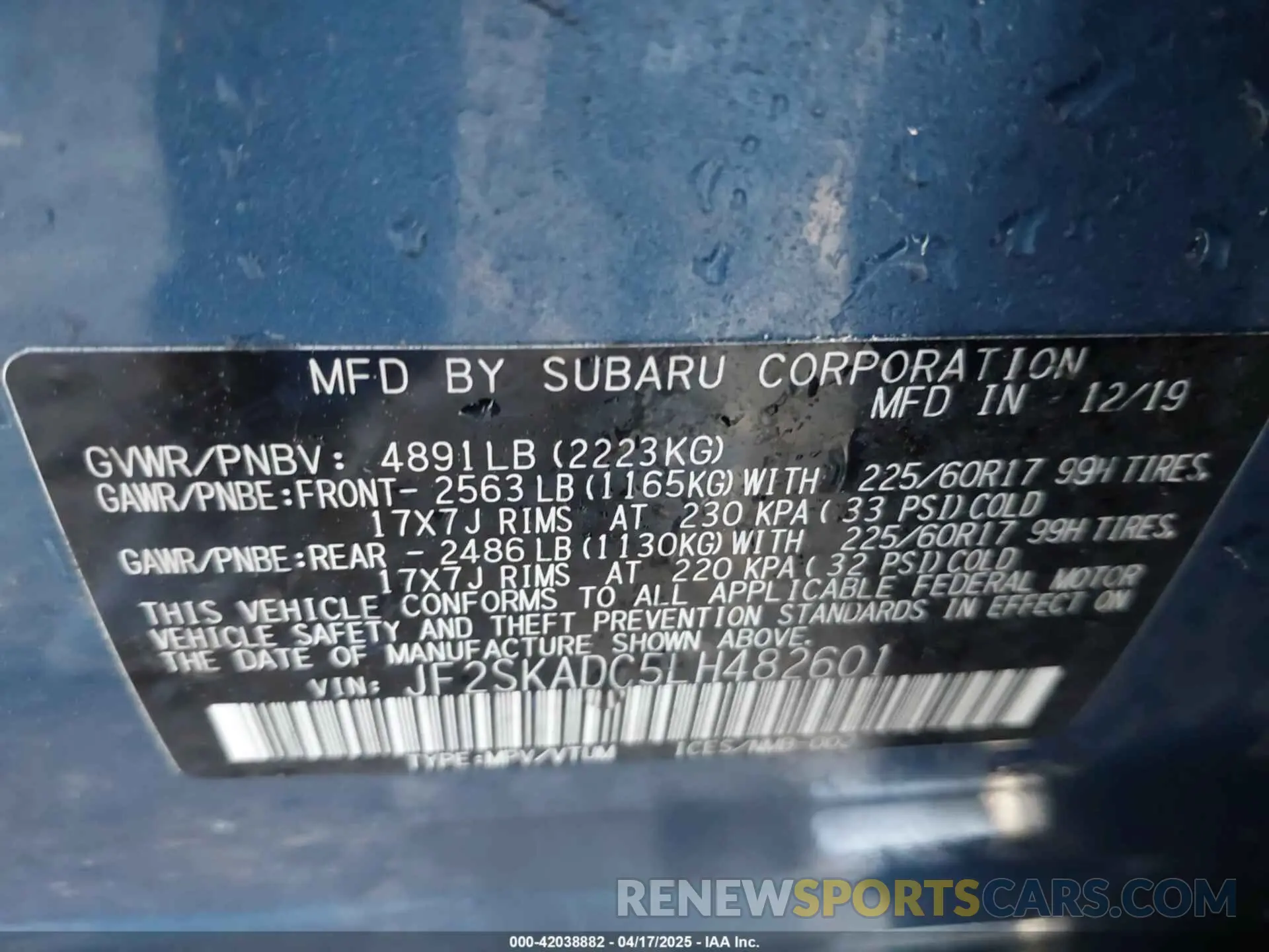9 fotografías del automóvil dañado JF2SKADC5LH482601 SUBARU FORESTER 2020