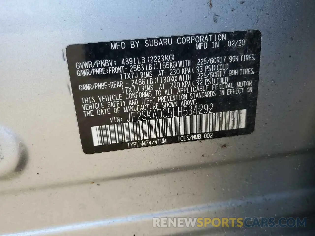 13 fotografías del automóvil dañado JF2SKADC5LH534292 SUBARU FORESTER 2020