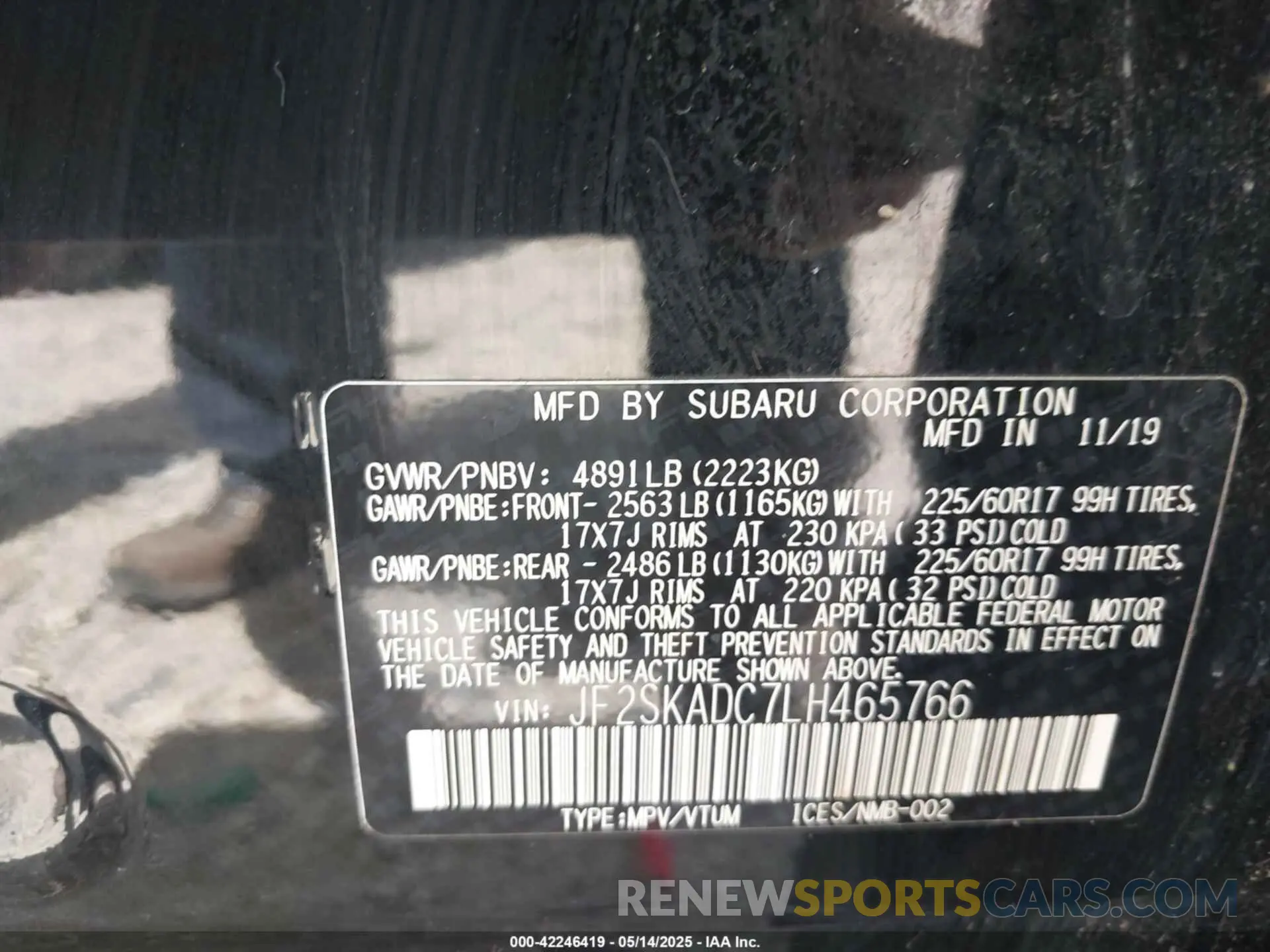 9 fotografías del automóvil dañado JF2SKADC7LH465766 SUBARU FORESTER 2020