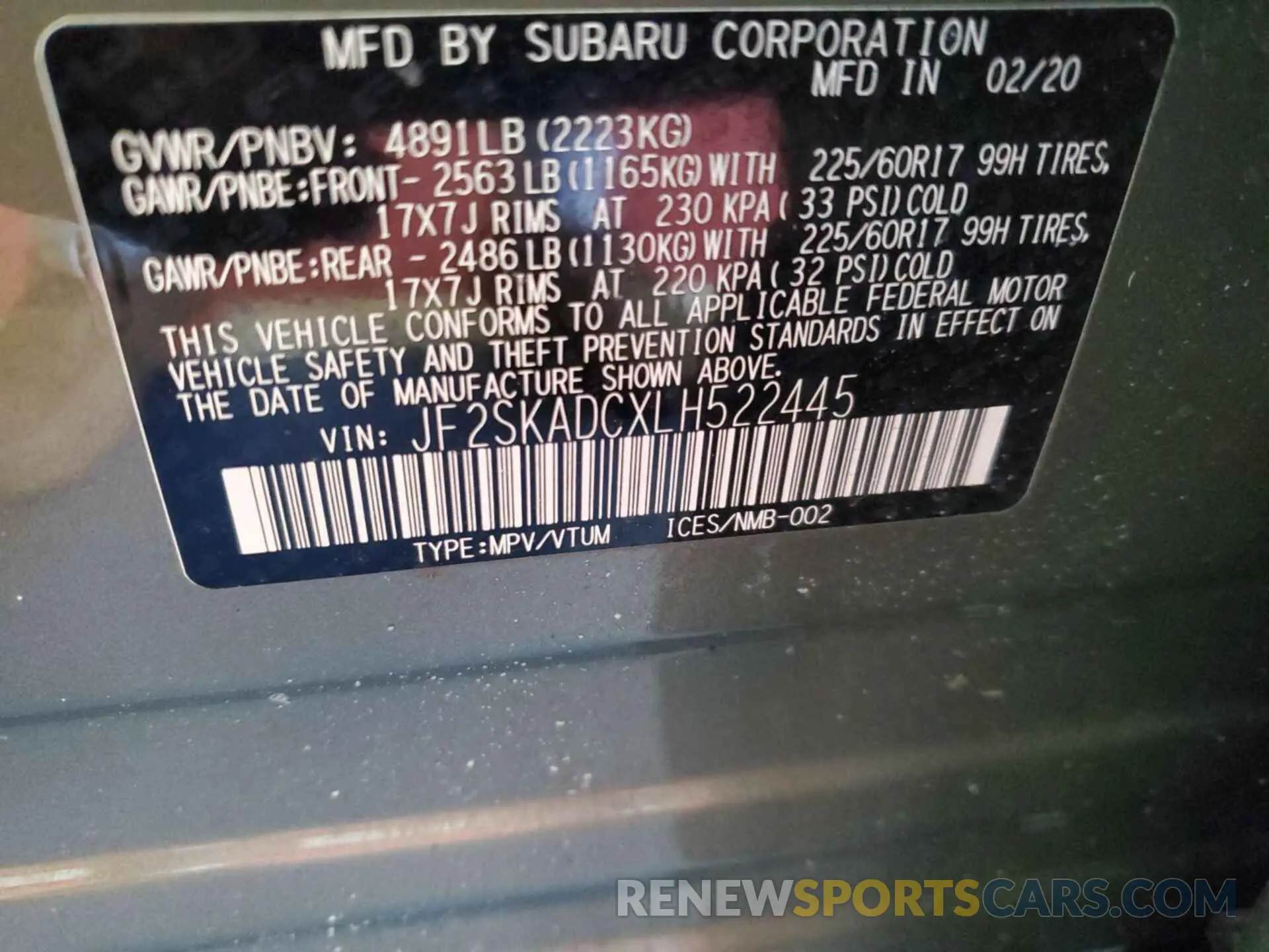 22 fotografías del automóvil dañado JF2SKADCXLH522445 SUBARU FORESTER 2020