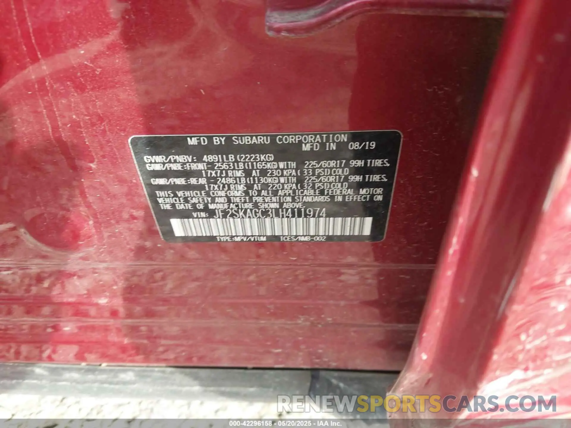 9 fotografías del automóvil dañado JF2SKAGC3LH411974 SUBARU FORESTER 2020