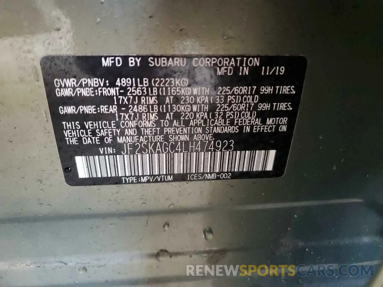 13 fotografías del automóvil dañado JF2SKAGC4LH474923 SUBARU FORESTER 2020