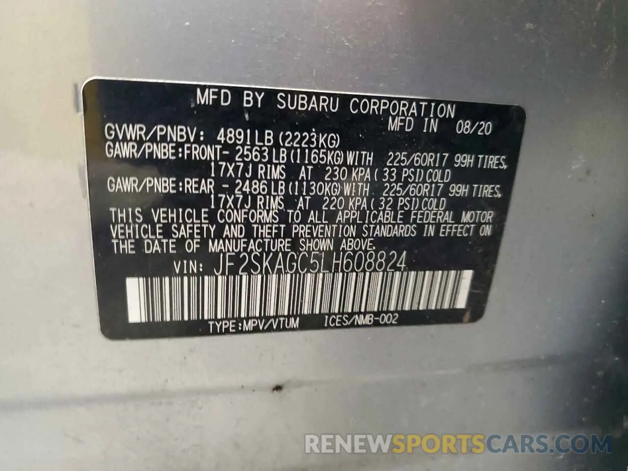 14 fotografías del automóvil dañado JF2SKAGC5LH608824 SUBARU FORESTER 2020