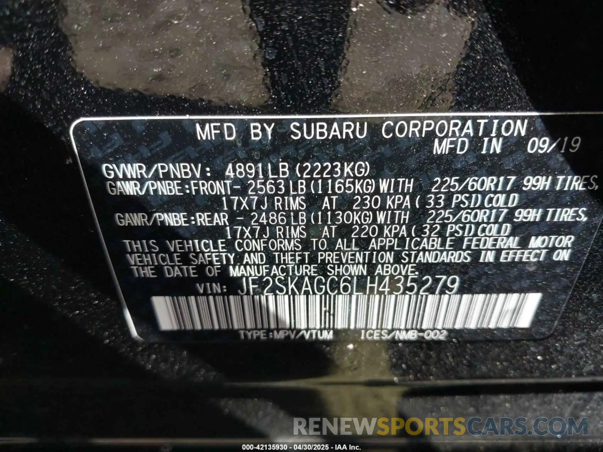 9 fotografías del automóvil dañado JF2SKAGC6LH435279 SUBARU FORESTER 2020
