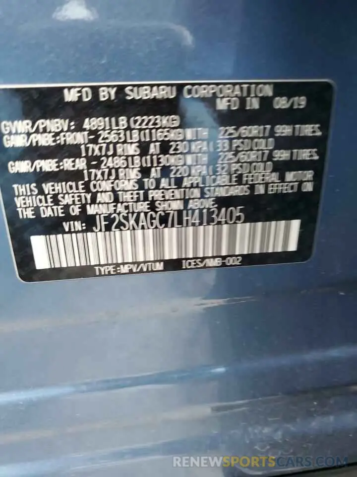 15 fotografías del automóvil dañado JF2SKAGC7LH413405 SUBARU FORESTER 2020