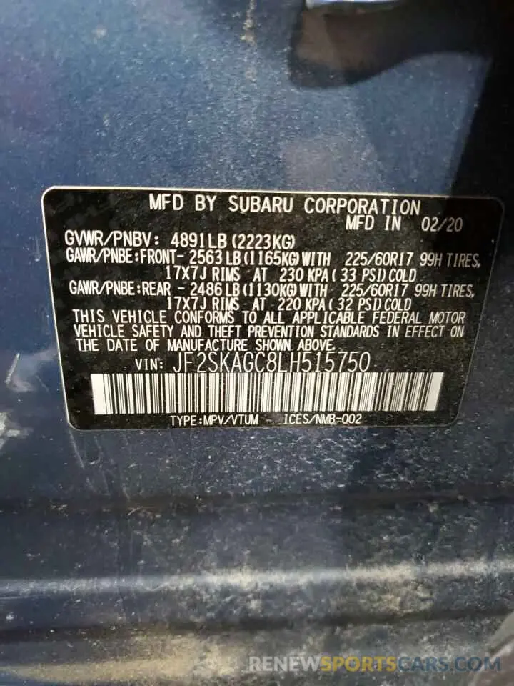 13 fotografías del automóvil dañado JF2SKAGC8LH515750 SUBARU FORESTER 2020