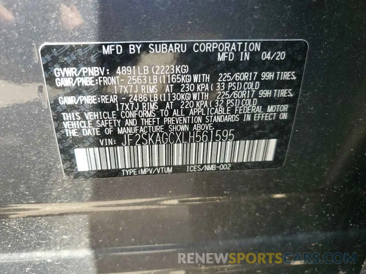 14 fotografías del automóvil dañado JF2SKAGCXLH561595 SUBARU FORESTER 2020