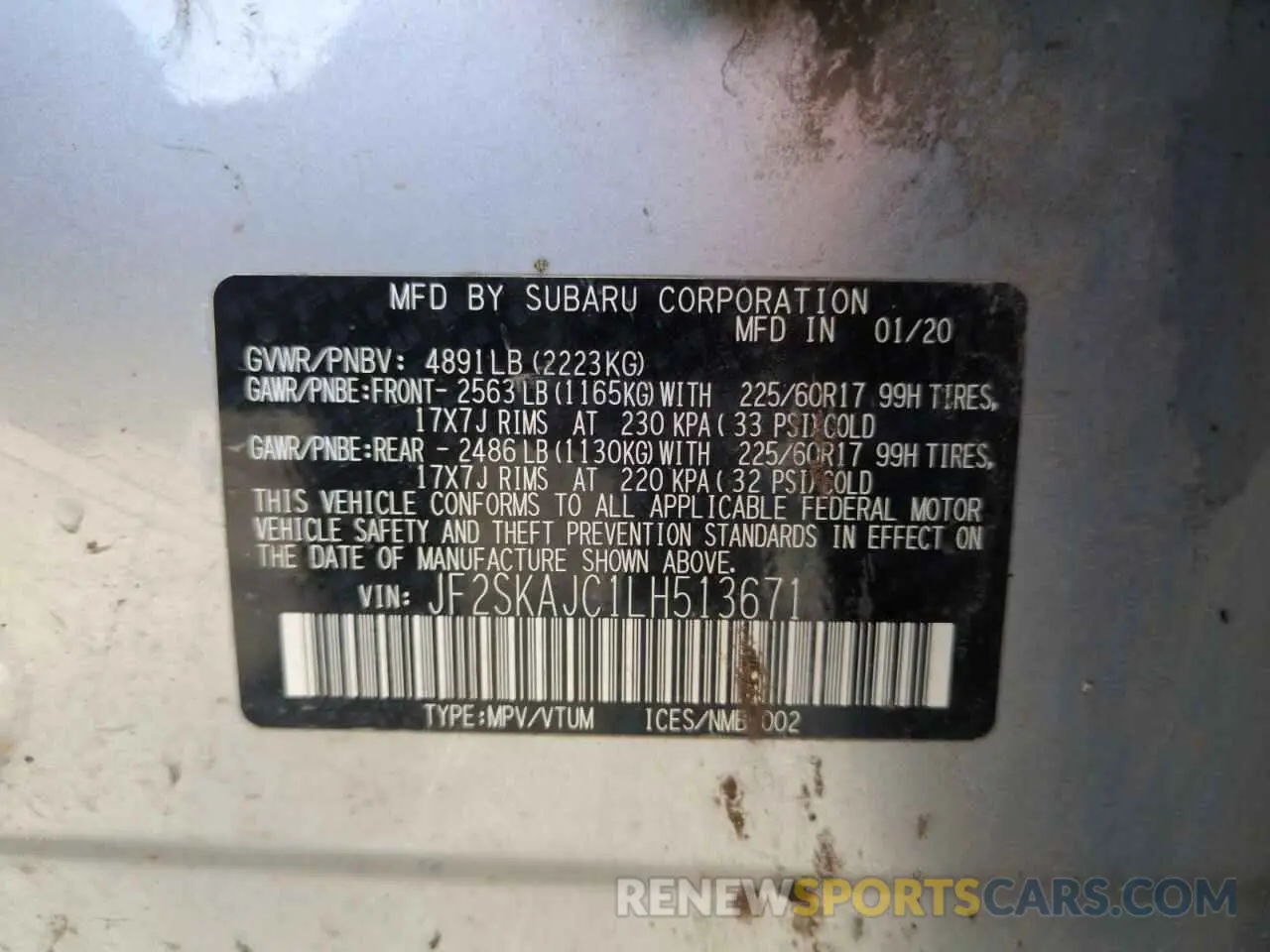 14 fotografías del automóvil dañado JF2SKAJC1LH513671 SUBARU FORESTER 2020