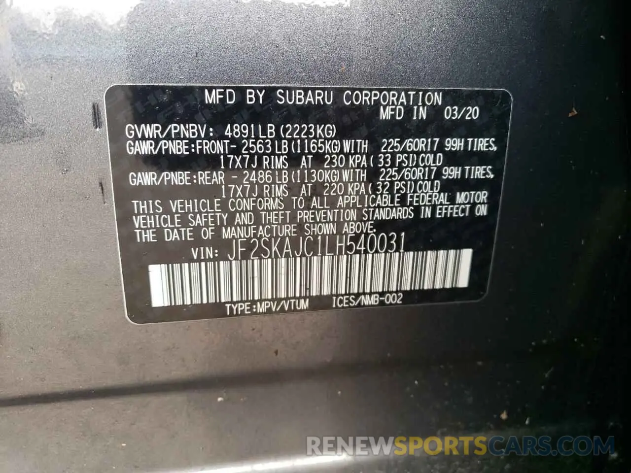 13 fotografías del automóvil dañado JF2SKAJC1LH540031 SUBARU FORESTER 2020