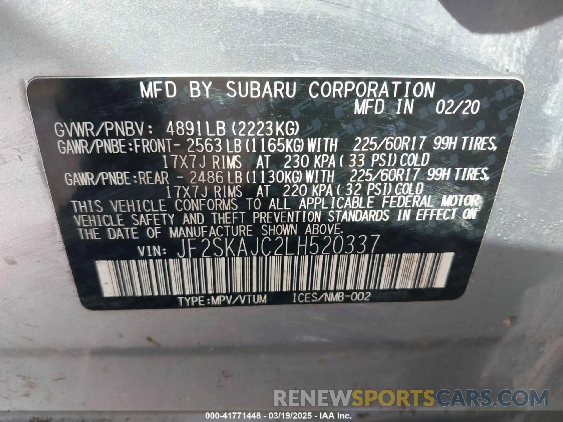 9 fotografías del automóvil dañado JF2SKAJC2LH520337 SUBARU FORESTER 2020