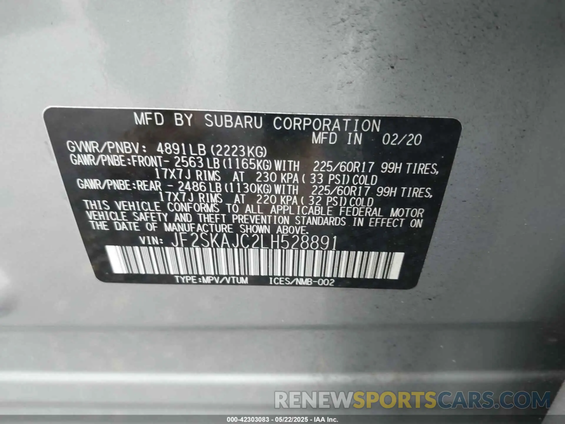 9 fotografías del automóvil dañado JF2SKAJC2LH528891 SUBARU FORESTER 2020