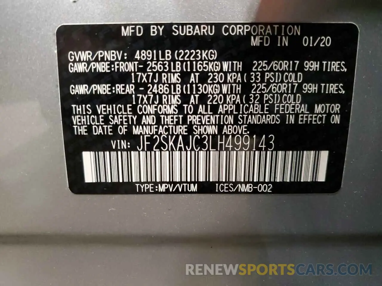 12 fotografías del automóvil dañado JF2SKAJC3LH499143 SUBARU FORESTER 2020