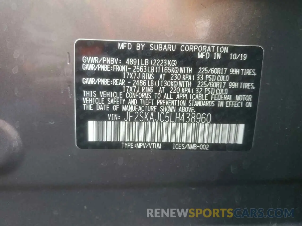 12 fotografías del automóvil dañado JF2SKAJC5LH438960 SUBARU FORESTER 2020