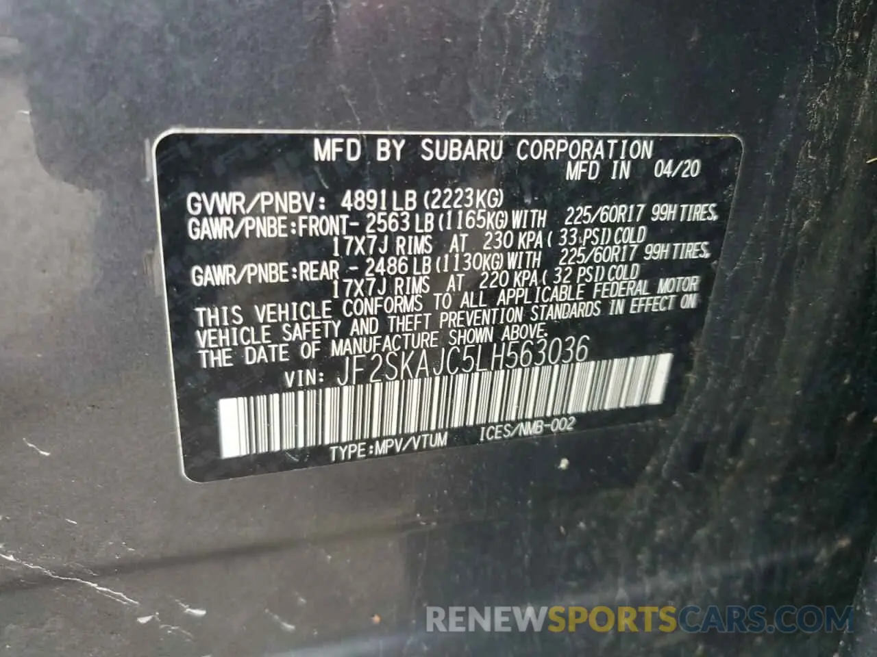 13 fotografías del automóvil dañado JF2SKAJC5LH563036 SUBARU FORESTER 2020