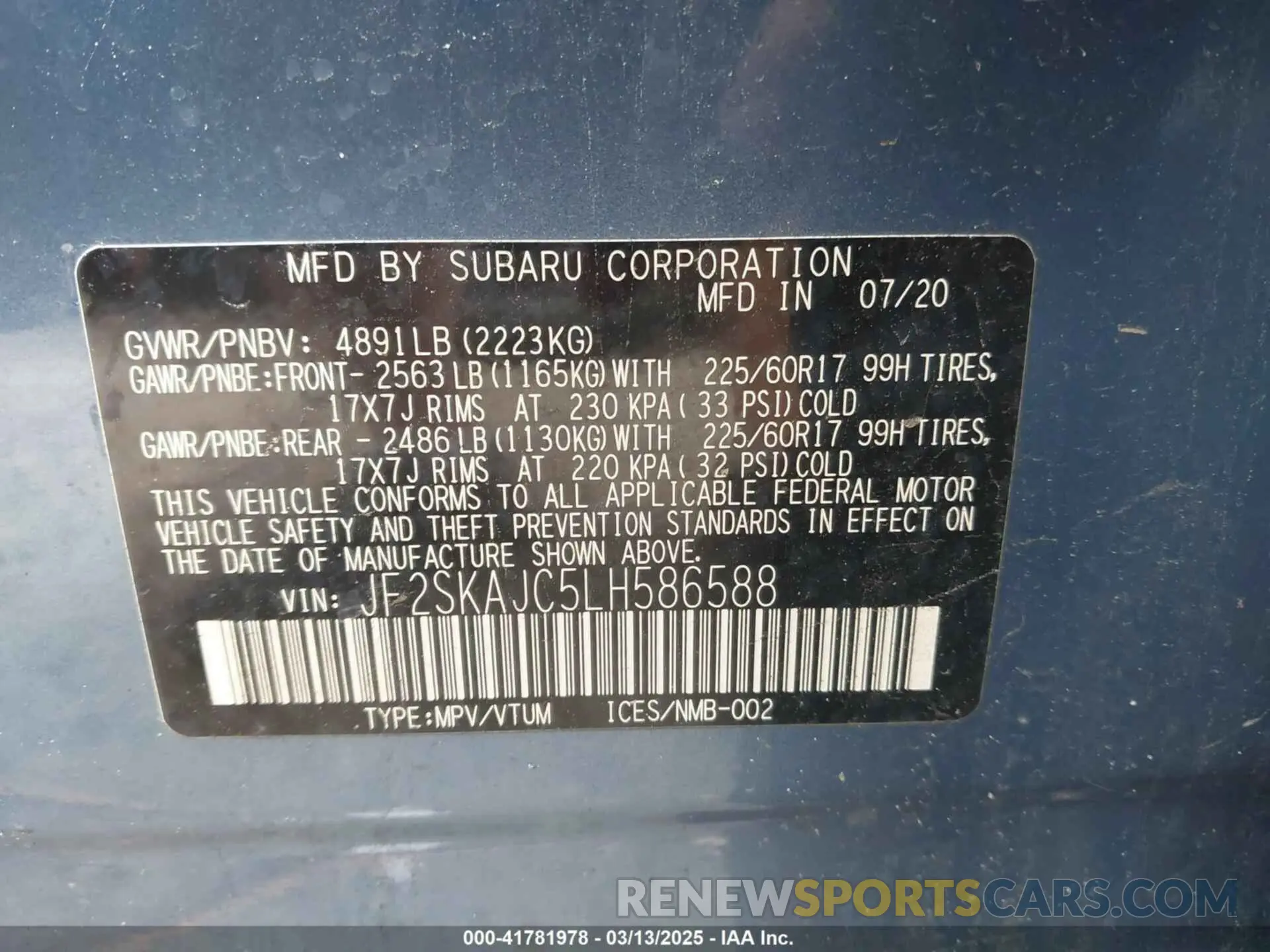 9 fotografías del automóvil dañado JF2SKAJC5LH586588 SUBARU FORESTER 2020