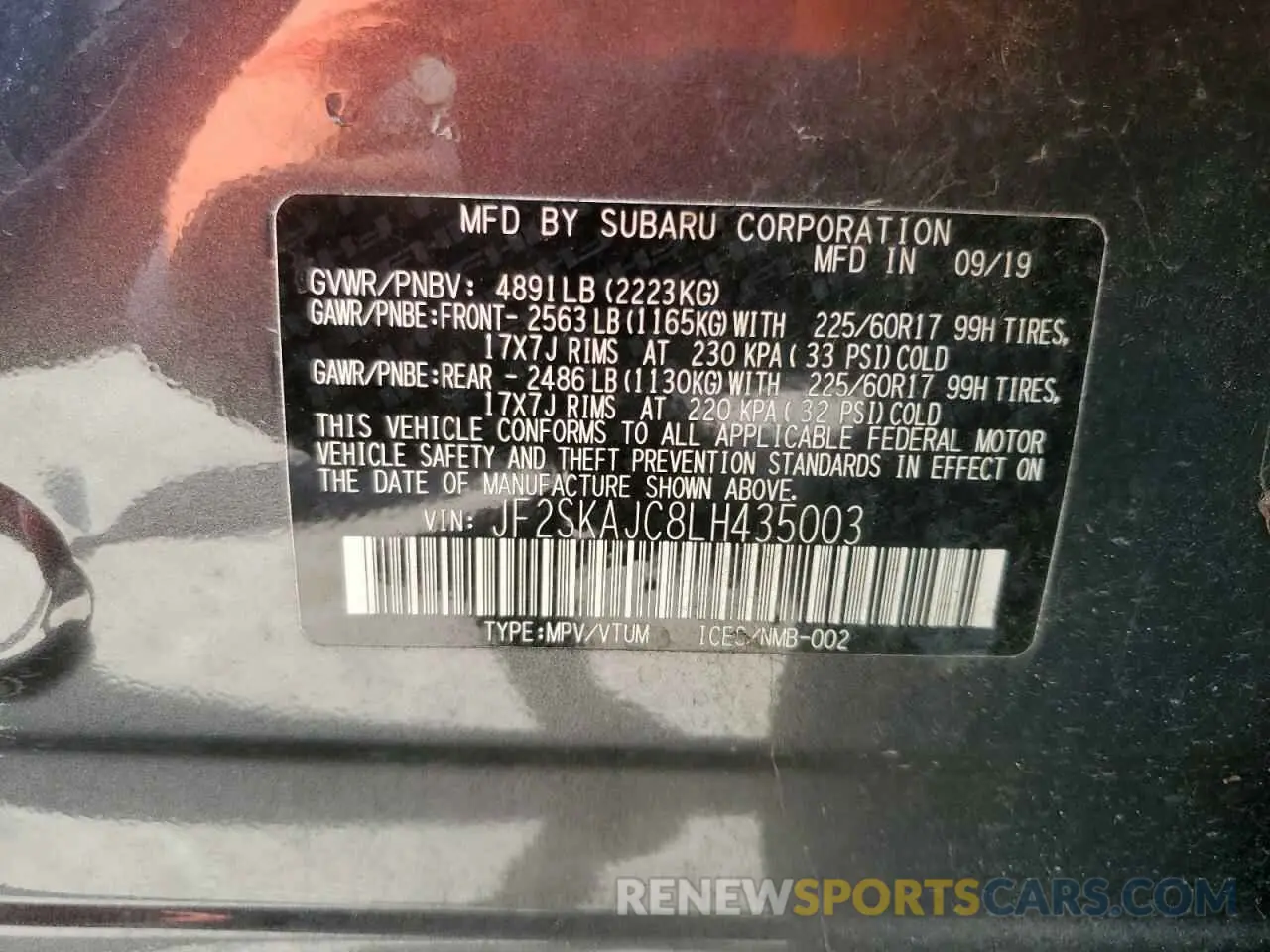 14 fotografías del automóvil dañado JF2SKAJC8LH435003 SUBARU FORESTER 2020