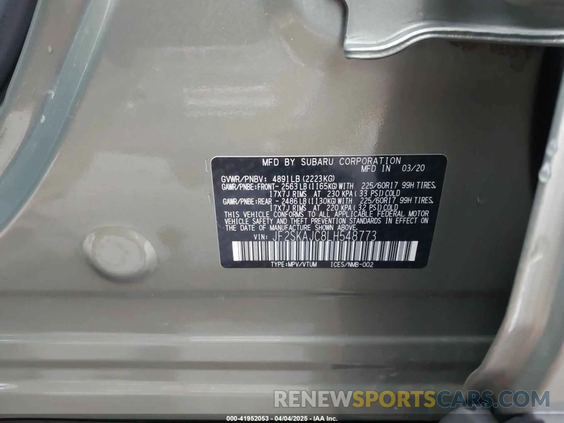 9 fotografías del automóvil dañado JF2SKAJC8LH548773 SUBARU FORESTER 2020