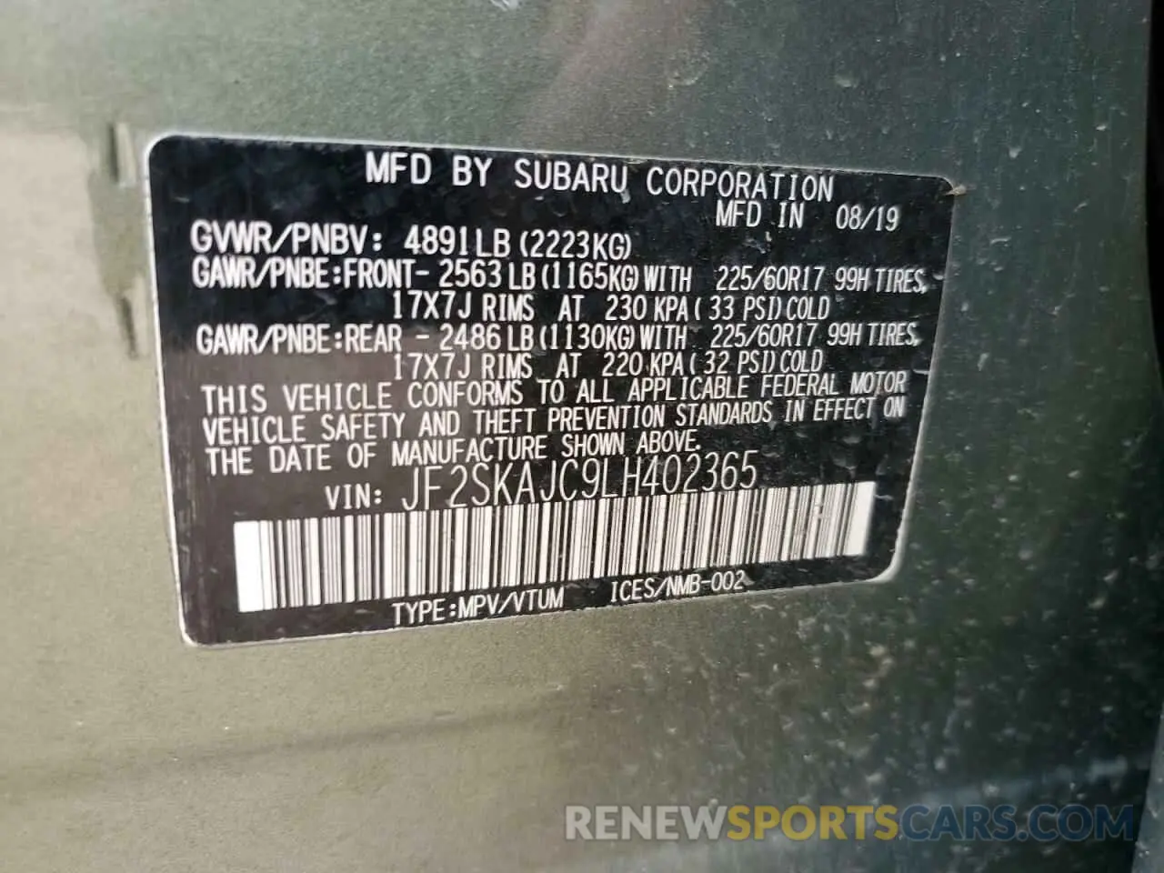 13 fotografías del automóvil dañado JF2SKAJC9LH402365 SUBARU FORESTER 2020