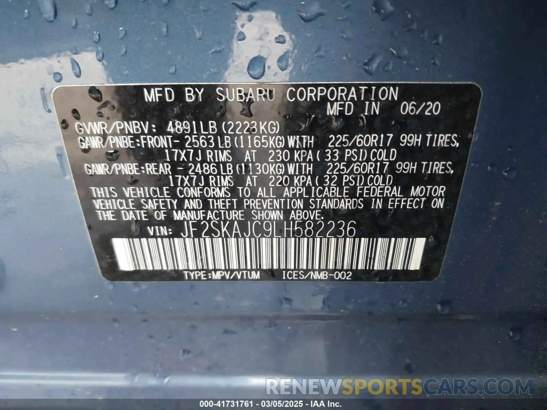 9 fotografías del automóvil dañado JF2SKAJC9LH582236 SUBARU FORESTER 2020