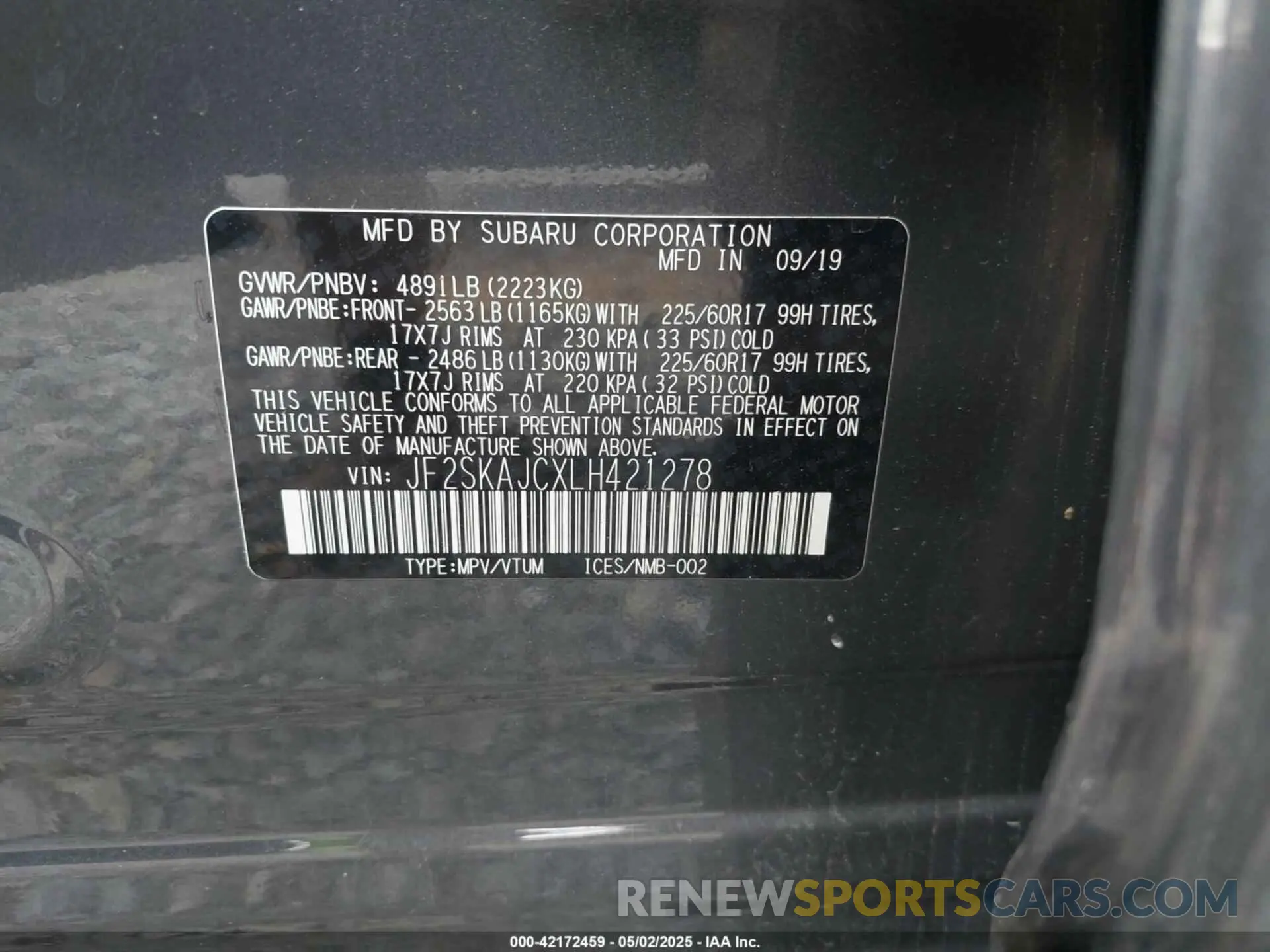 9 fotografías del automóvil dañado JF2SKAJCXLH421278 SUBARU FORESTER 2020
