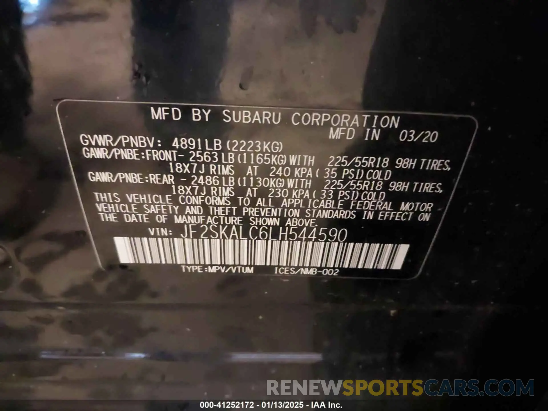 9 fotografías del automóvil dañado JF2SKALC6LH544590 SUBARU FORESTER 2020