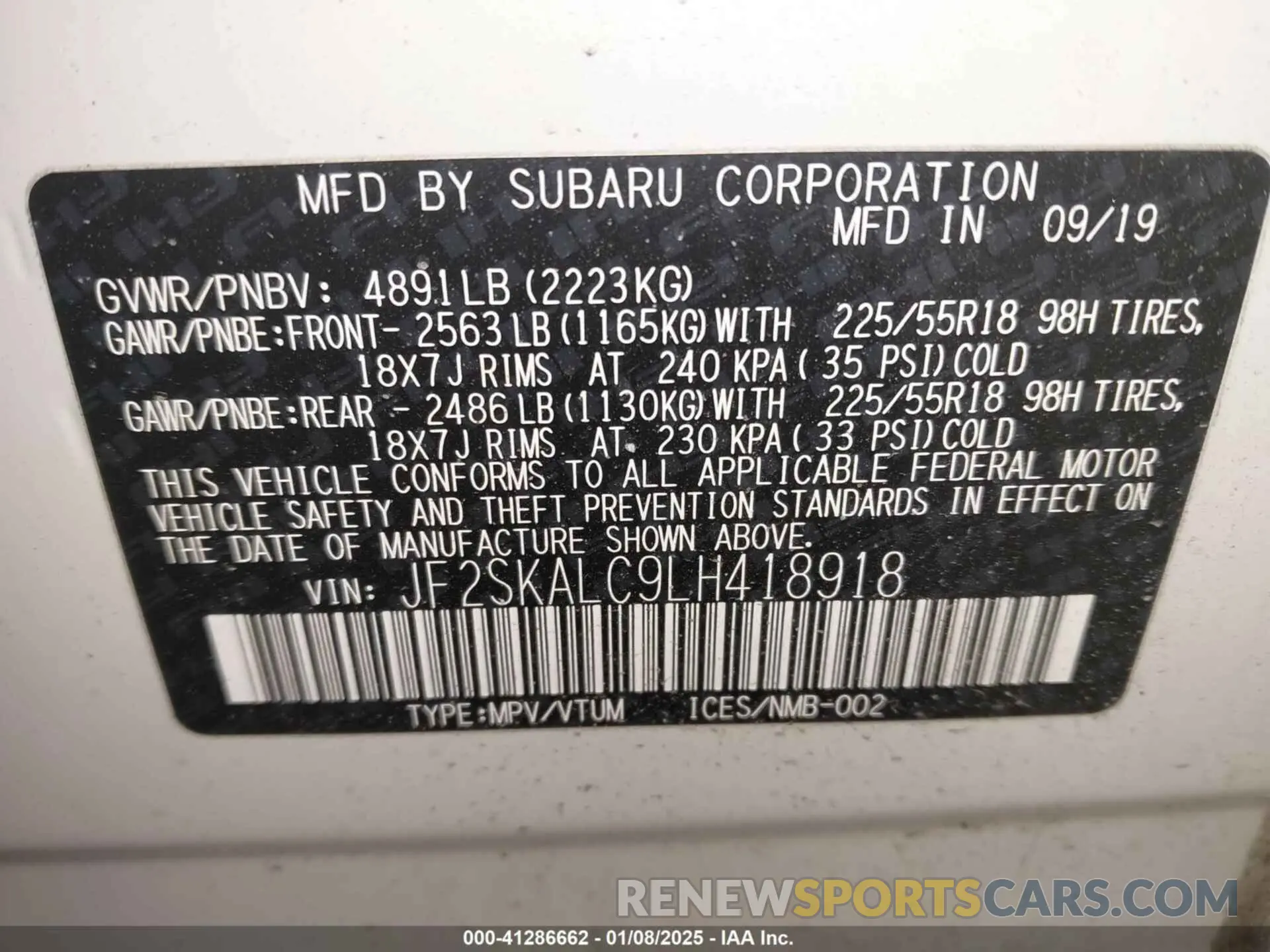 9 fotografías del automóvil dañado JF2SKALC9LH418918 SUBARU FORESTER 2020