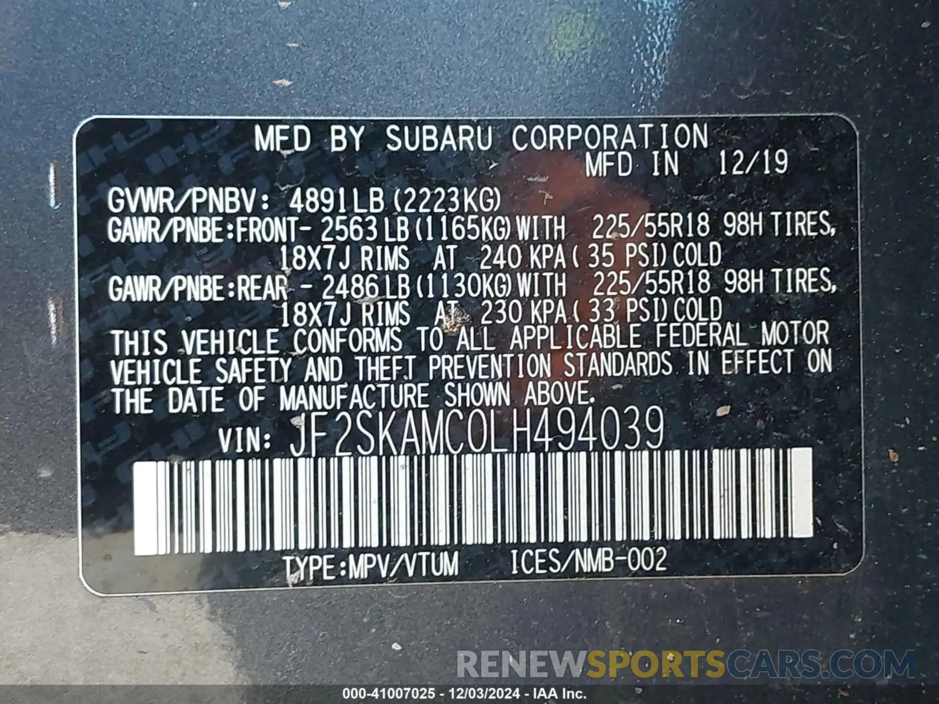 9 fotografías del automóvil dañado JF2SKAMC0LH494039 SUBARU FORESTER 2020