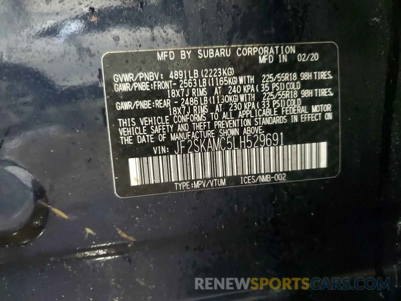 14 fotografías del automóvil dañado JF2SKAMC5LH529691 SUBARU FORESTER 2020