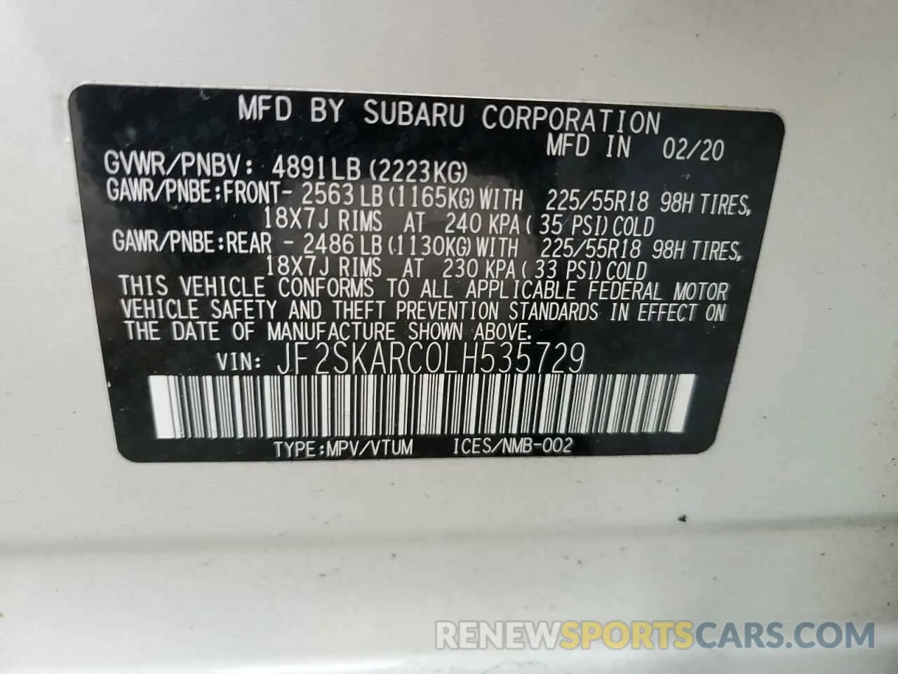 14 fotografías del automóvil dañado JF2SKARC0LH535729 SUBARU FORESTER 2020