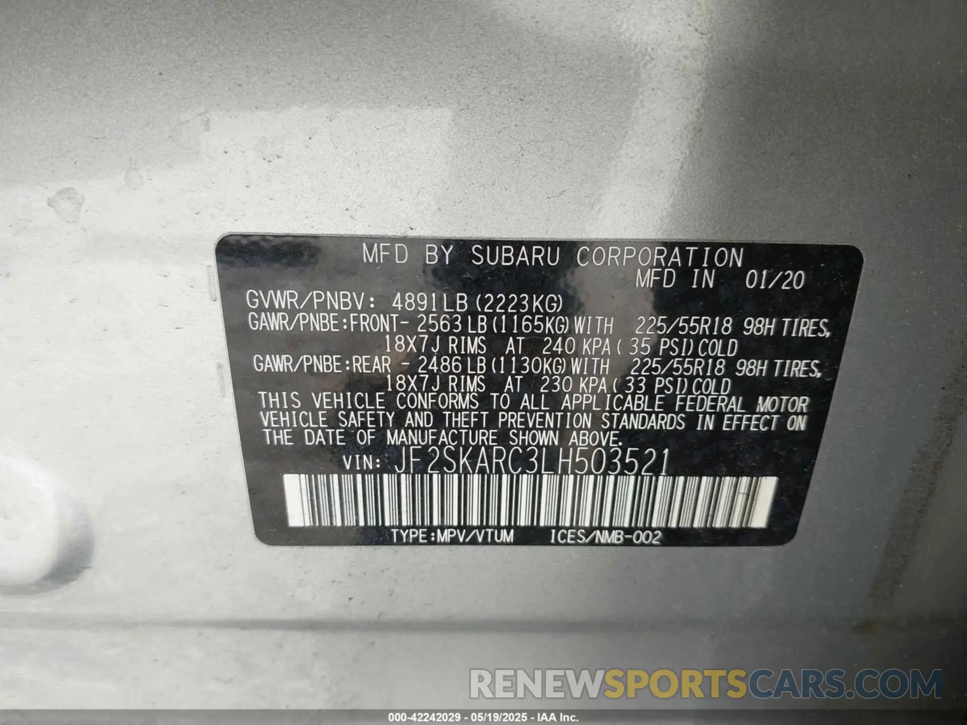 9 fotografías del automóvil dañado JF2SKARC3LH503521 SUBARU FORESTER 2020