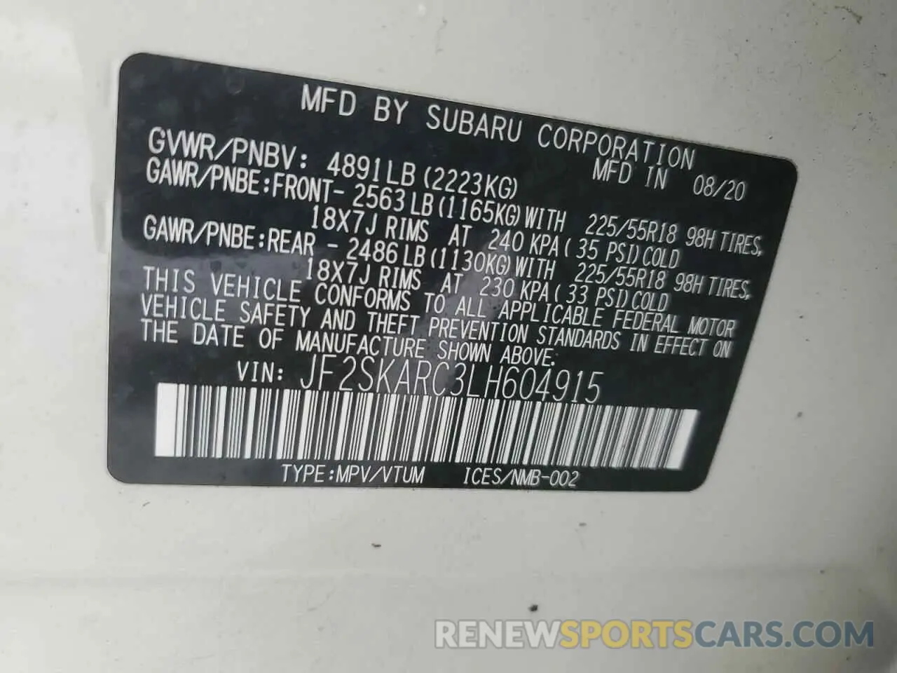 14 fotografías del automóvil dañado JF2SKARC3LH604915 SUBARU FORESTER 2020
