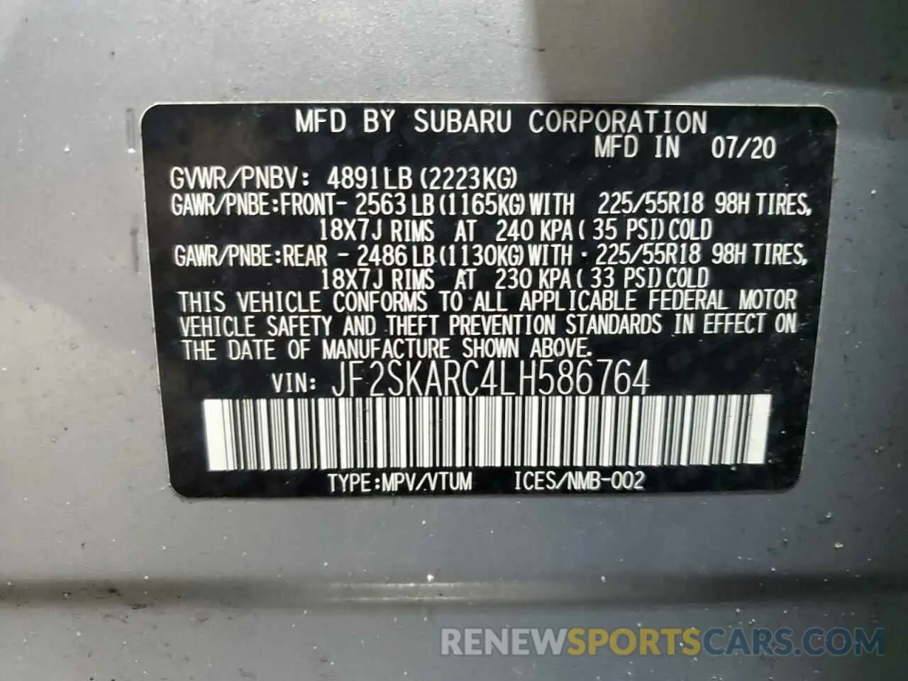 13 fotografías del automóvil dañado JF2SKARC4LH586764 SUBARU FORESTER 2020