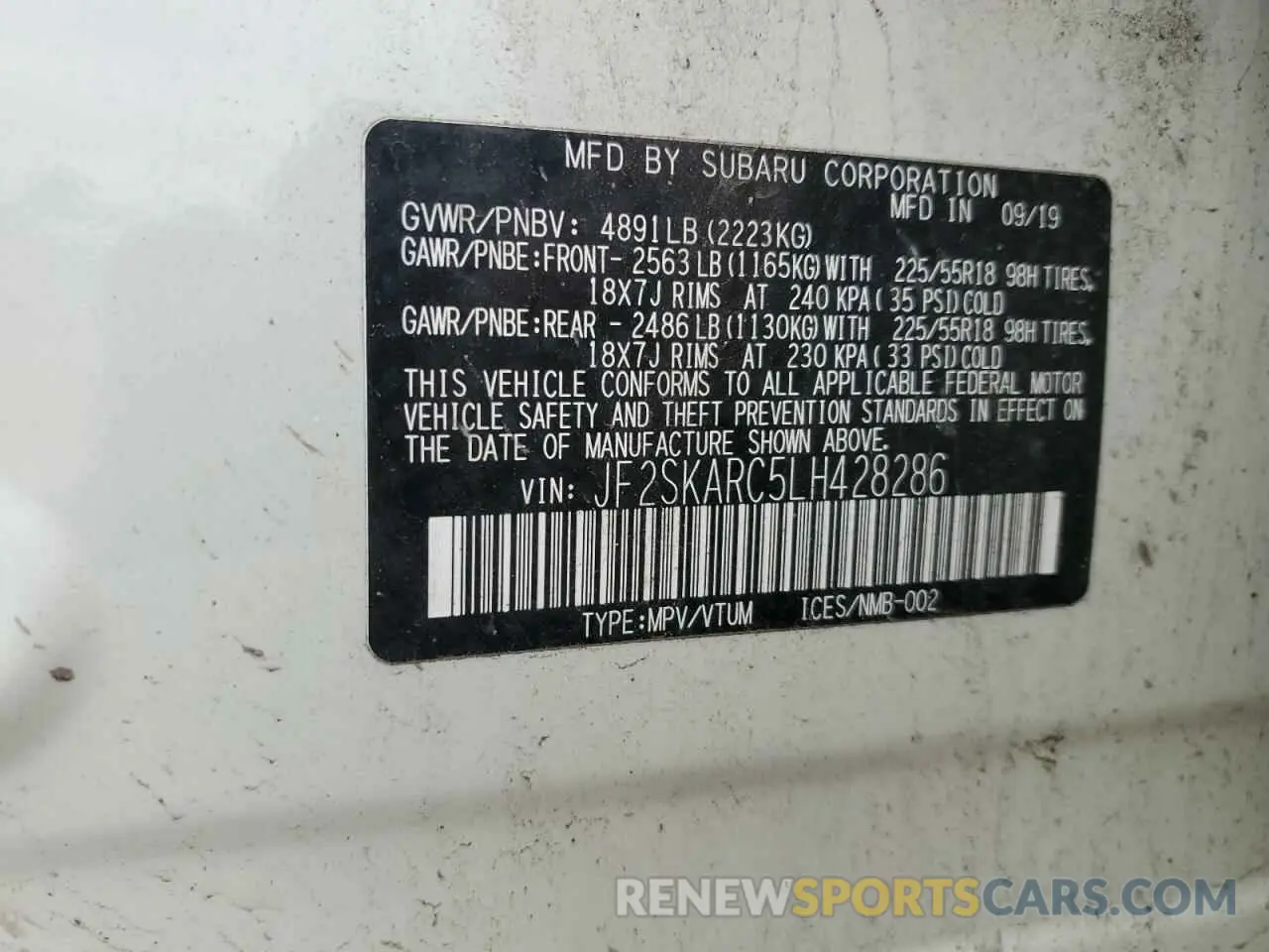 14 fotografías del automóvil dañado JF2SKARC5LH428286 SUBARU FORESTER 2020