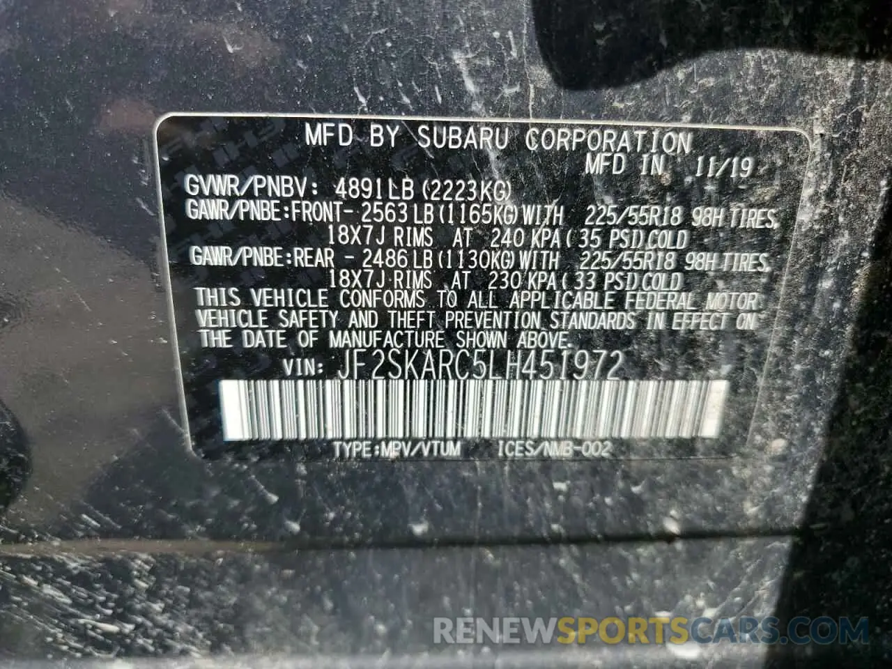 13 fotografías del automóvil dañado JF2SKARC5LH451972 SUBARU FORESTER 2020