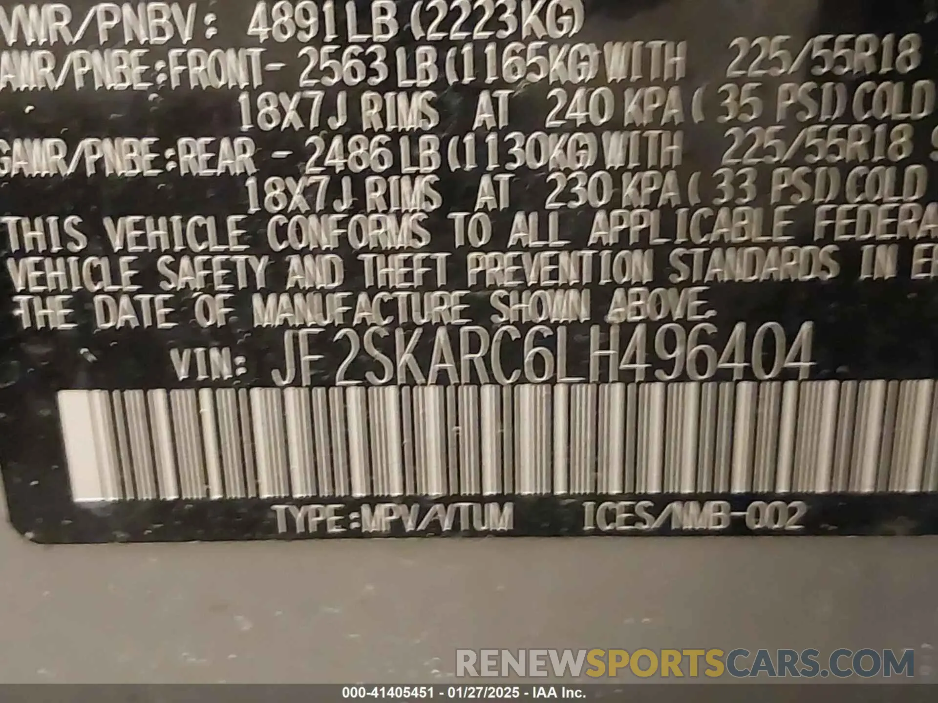 9 fotografías del automóvil dañado JF2SKARC6LH496404 SUBARU FORESTER 2020