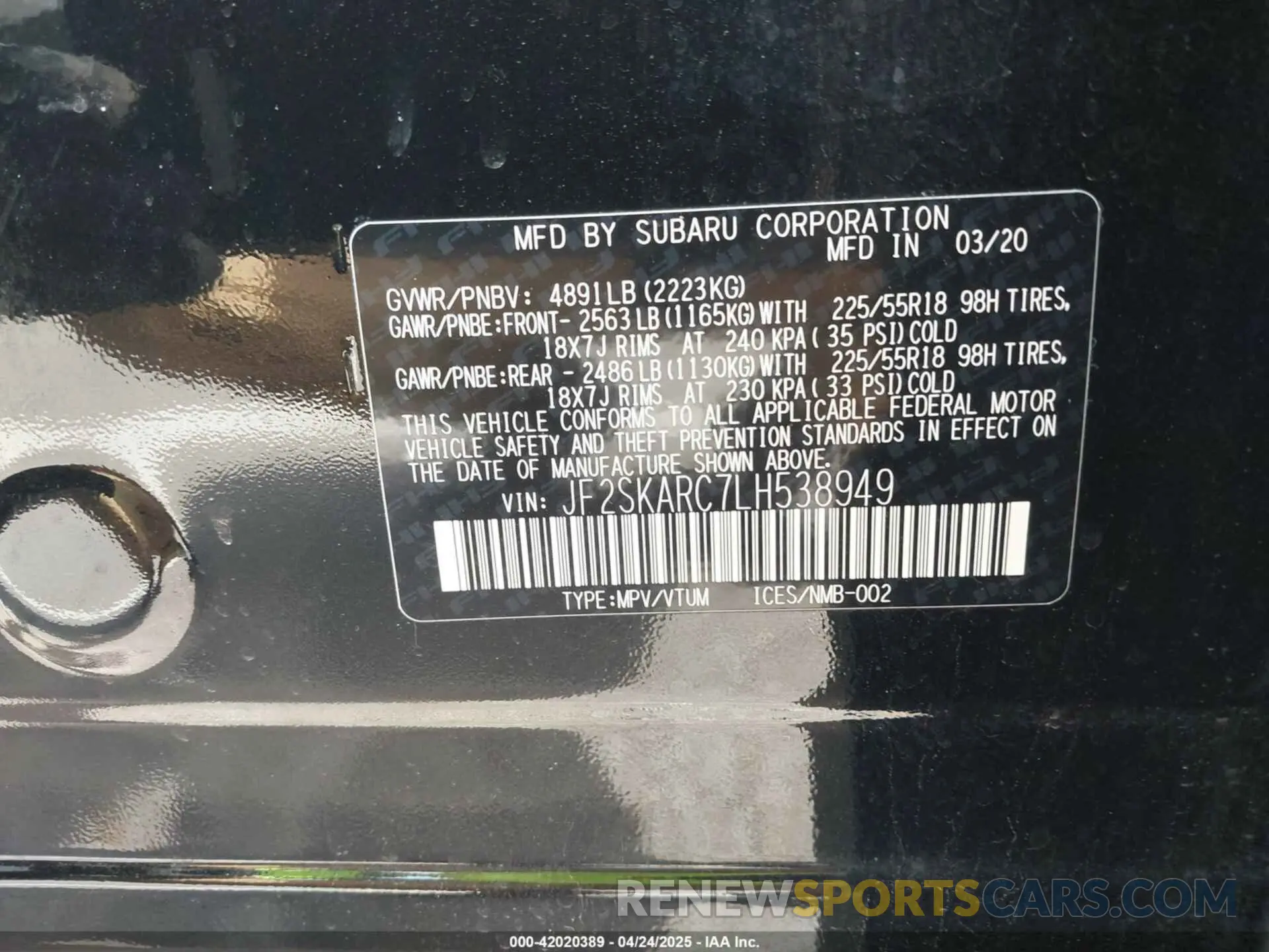 9 fotografías del automóvil dañado JF2SKARC7LH538949 SUBARU FORESTER 2020