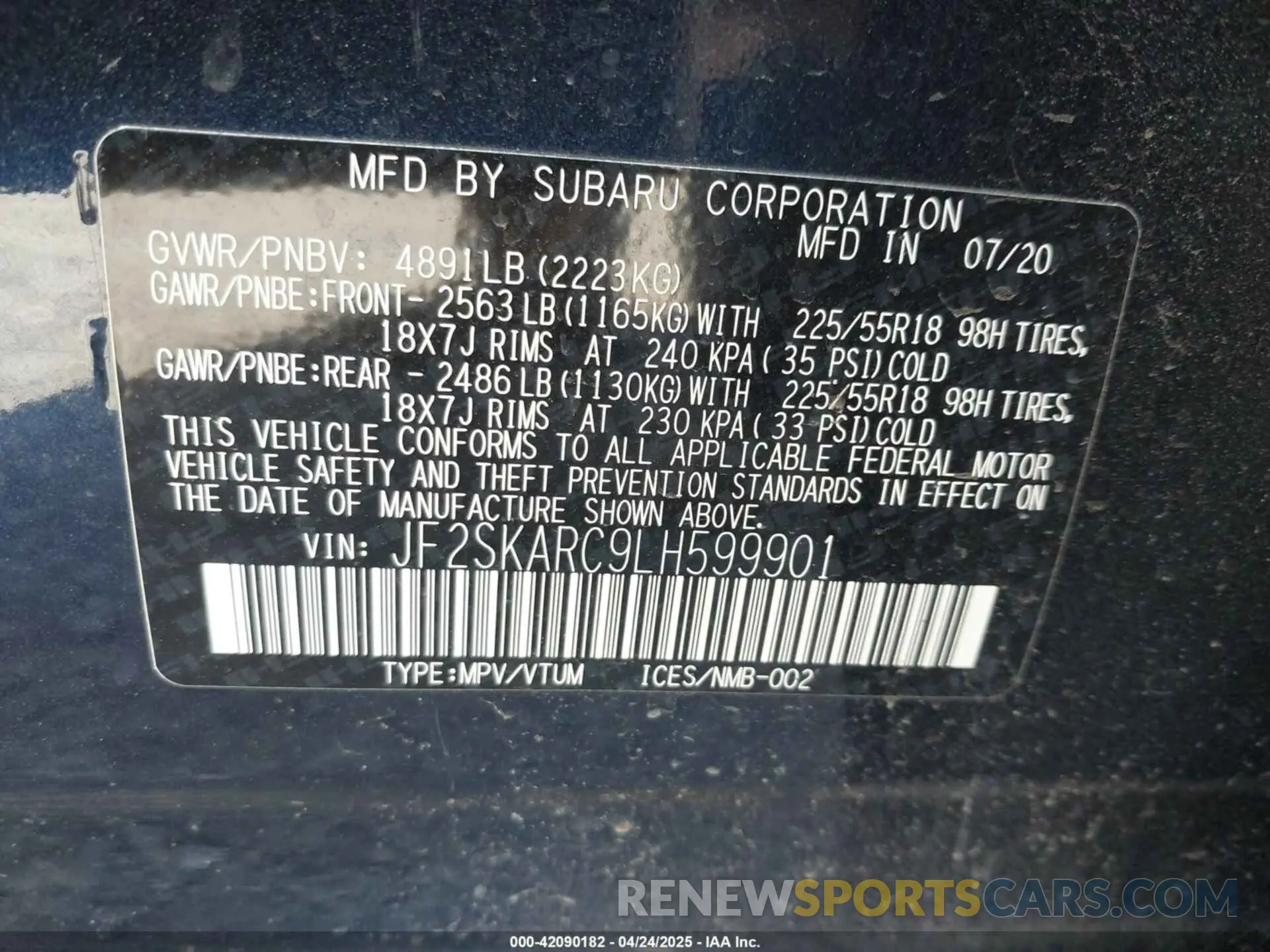 9 fotografías del automóvil dañado JF2SKARC9LH599901 SUBARU FORESTER 2020