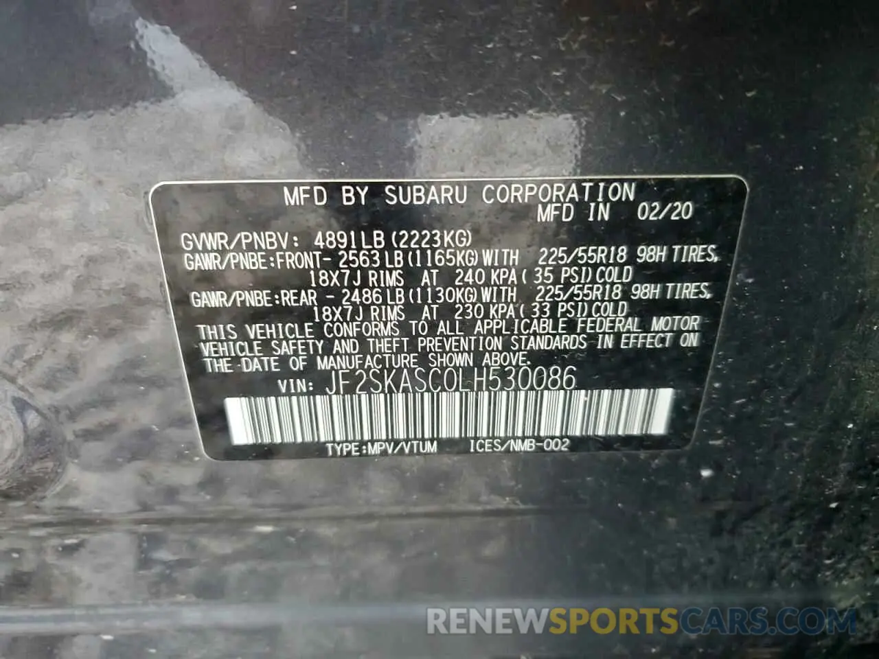 13 fotografías del automóvil dañado JF2SKASC0LH530086 SUBARU FORESTER 2020