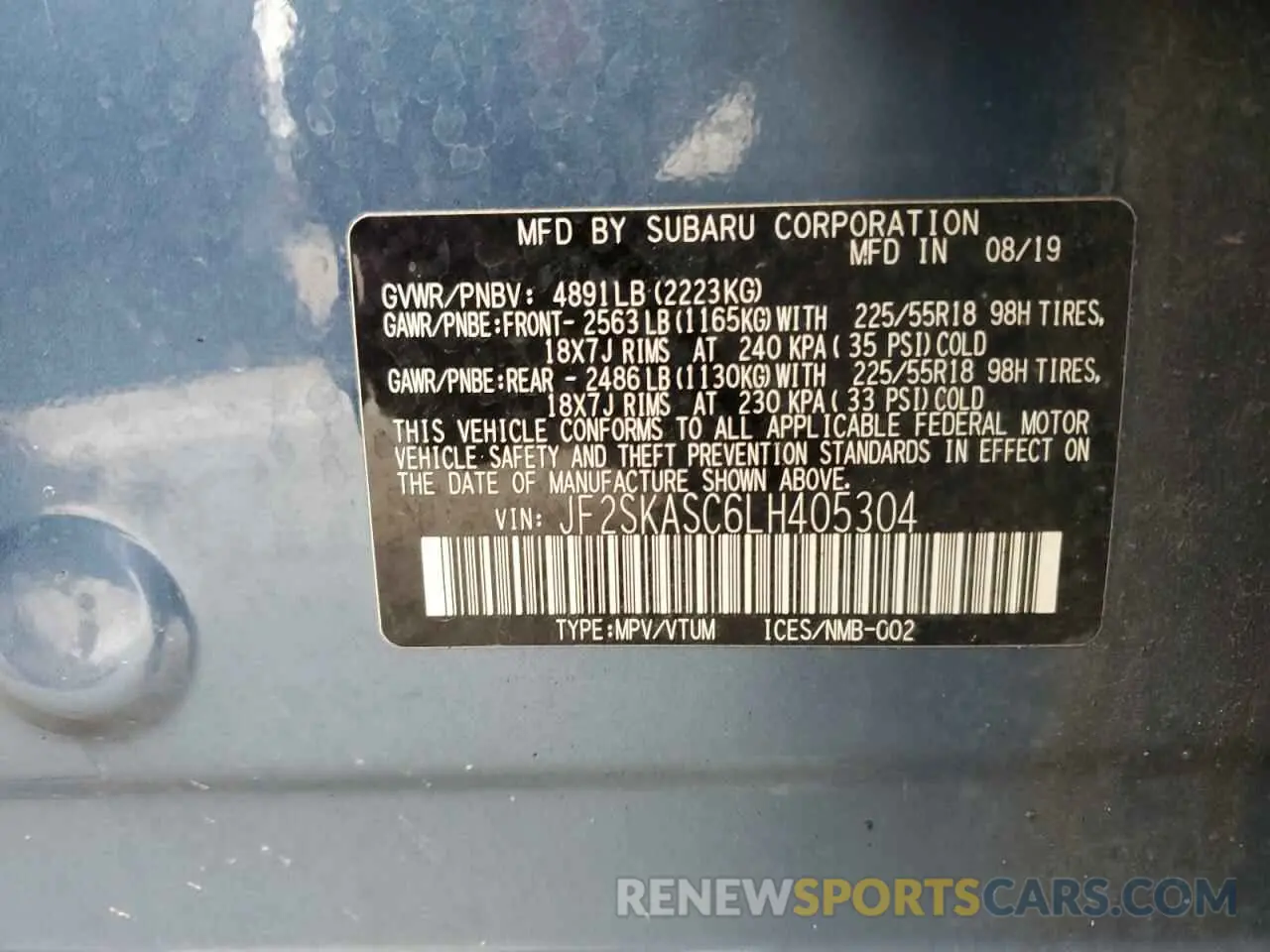 14 fotografías del automóvil dañado JF2SKASC6LH405304 SUBARU FORESTER 2020