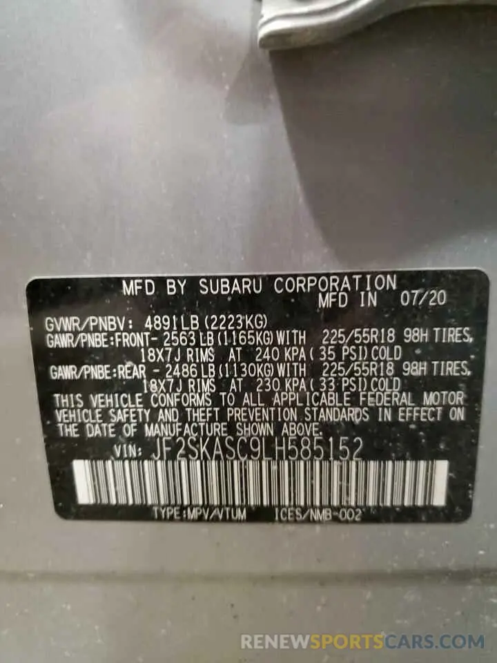 12 fotografías del automóvil dañado JF2SKASC9LH585152 SUBARU FORESTER 2020