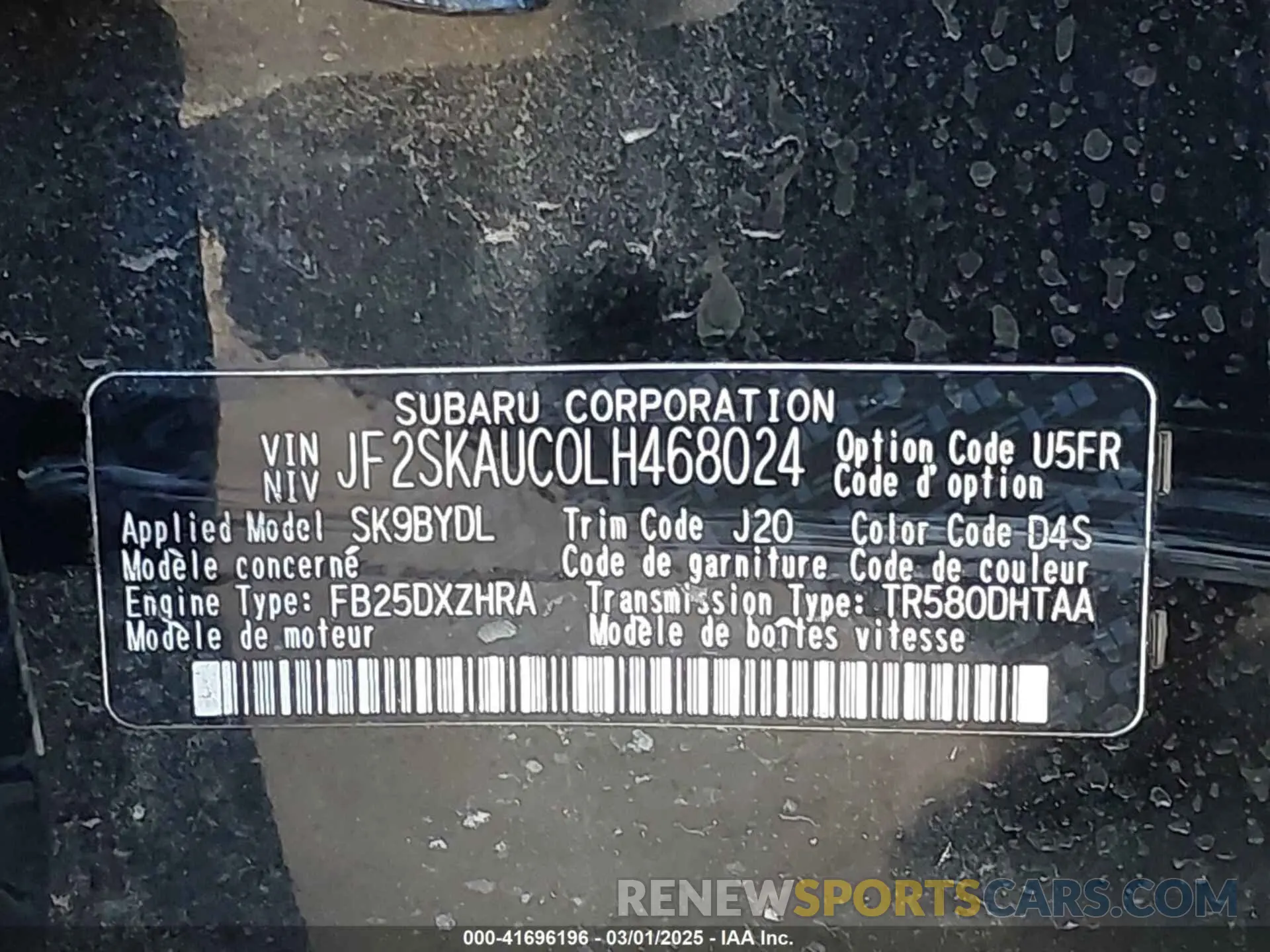9 fotografías del automóvil dañado JF2SKAUC0LH468024 SUBARU FORESTER 2020