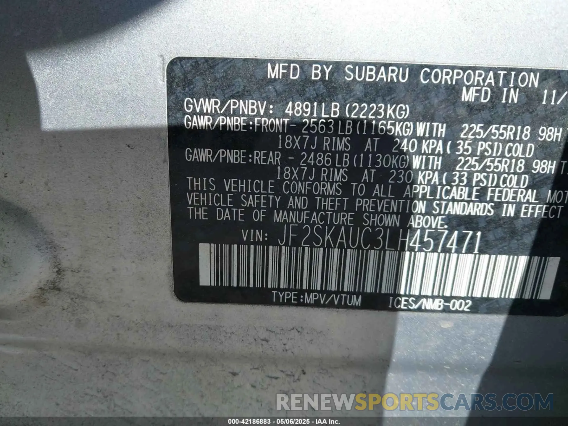 9 fotografías del automóvil dañado JF2SKAUC3LH457471 SUBARU FORESTER 2020