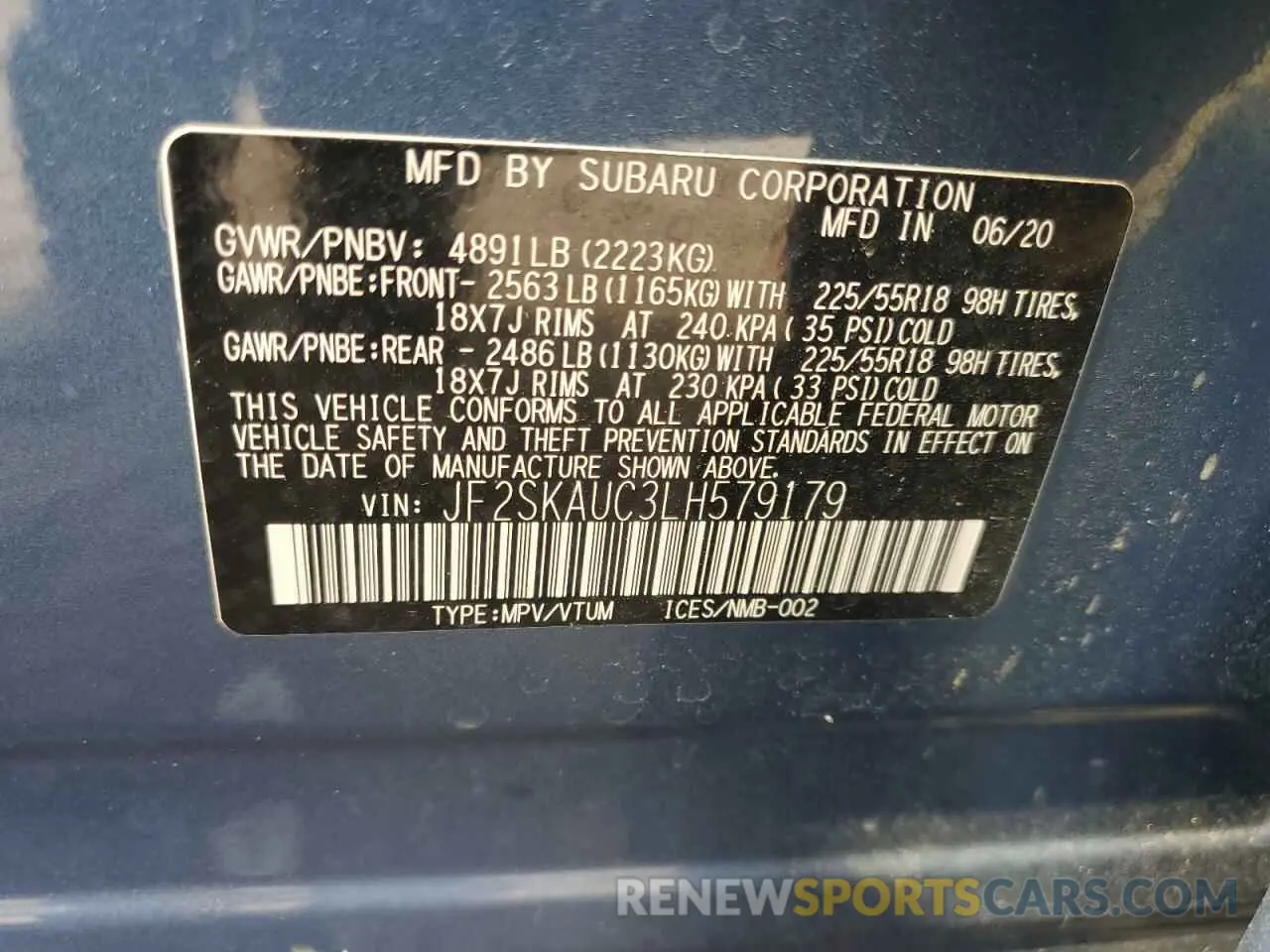 13 fotografías del automóvil dañado JF2SKAUC3LH579179 SUBARU FORESTER 2020