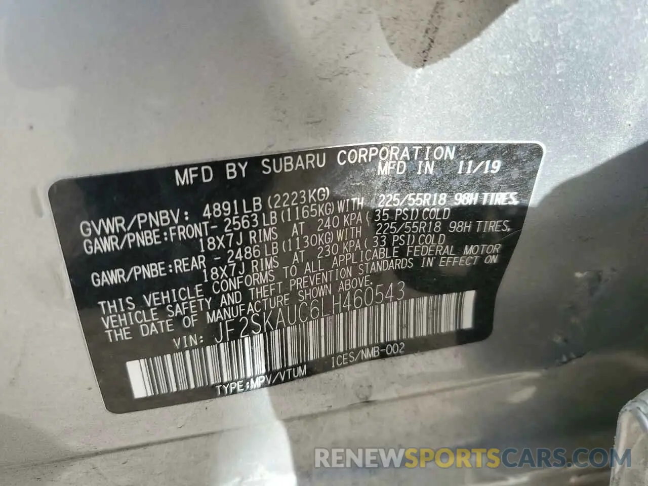 14 fotografías del automóvil dañado JF2SKAUC6LH460543 SUBARU FORESTER 2020