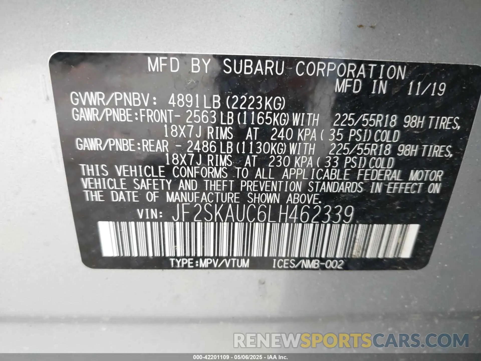9 fotografías del automóvil dañado JF2SKAUC6LH462339 SUBARU FORESTER 2020
