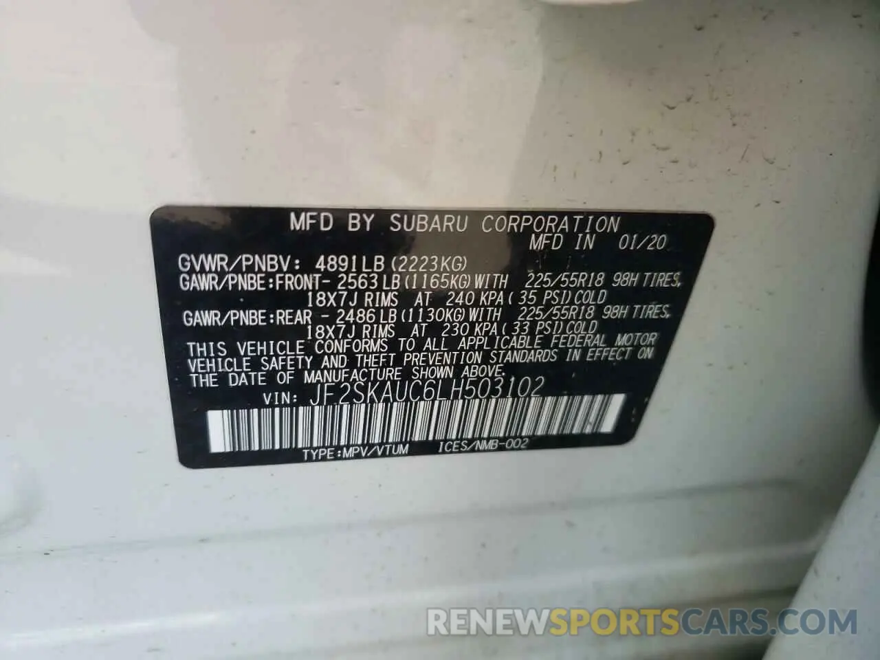14 fotografías del automóvil dañado JF2SKAUC6LH503102 SUBARU FORESTER 2020