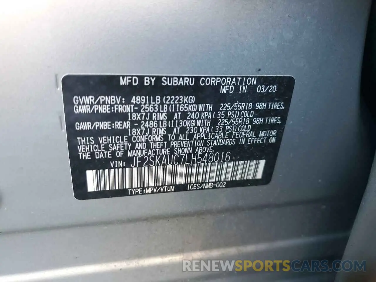 13 fotografías del automóvil dañado JF2SKAUC7LH548016 SUBARU FORESTER 2020