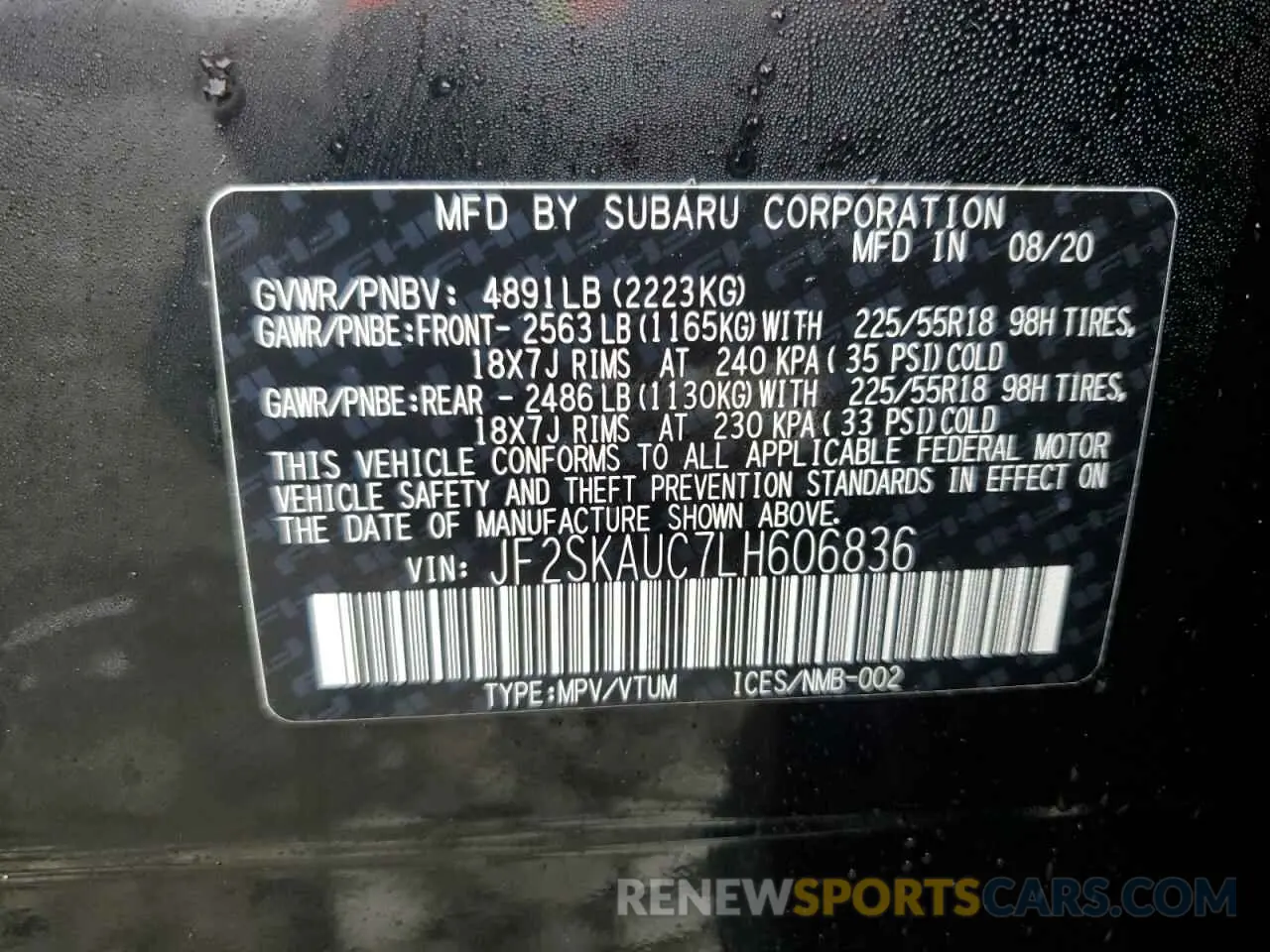 16 fotografías del automóvil dañado JF2SKAUC7LH606836 SUBARU FORESTER 2020