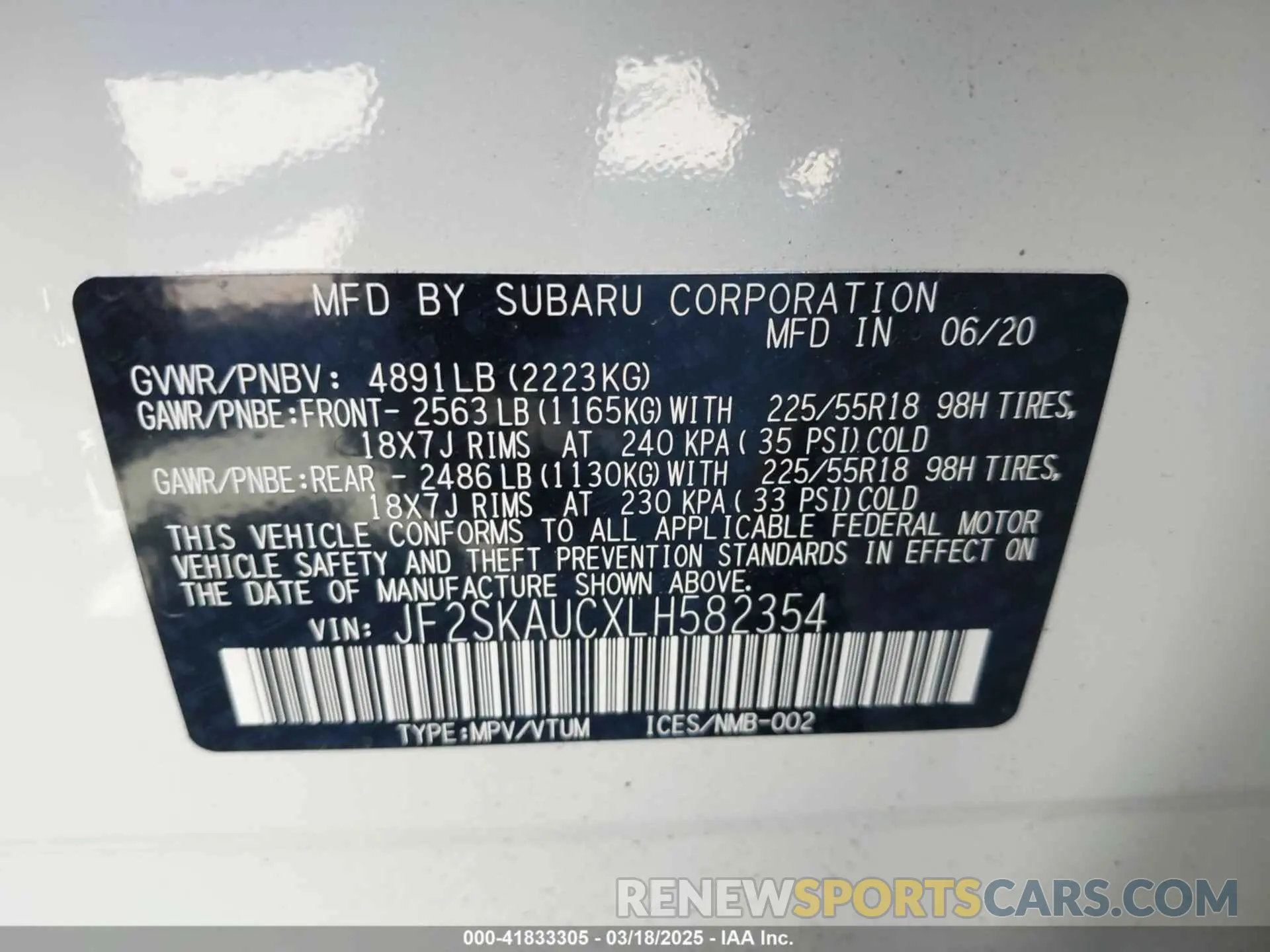 9 fotografías del automóvil dañado JF2SKAUCXLH582354 SUBARU FORESTER 2020