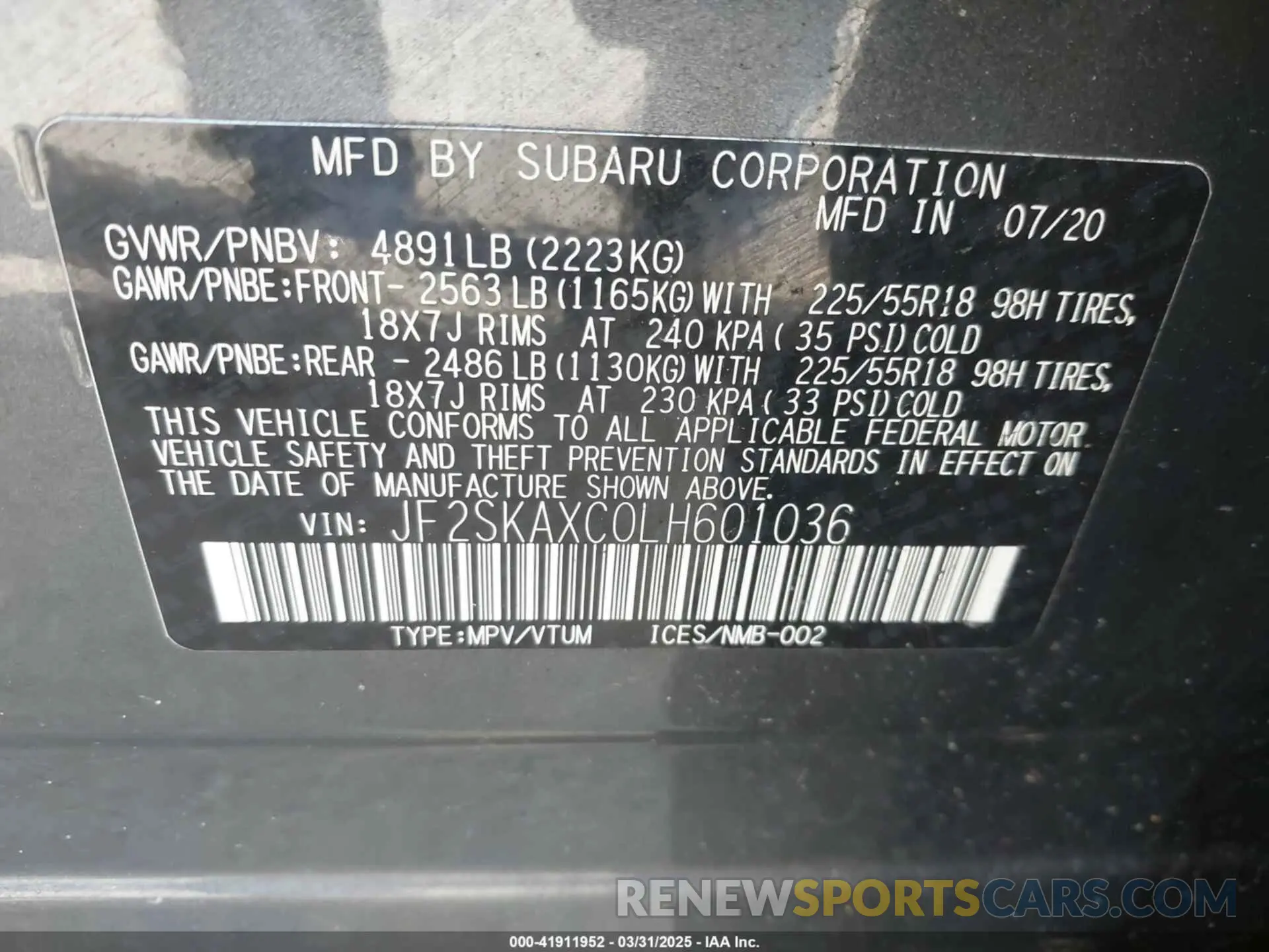 9 fotografías del automóvil dañado JF2SKAXC0LH601036 SUBARU FORESTER 2020
